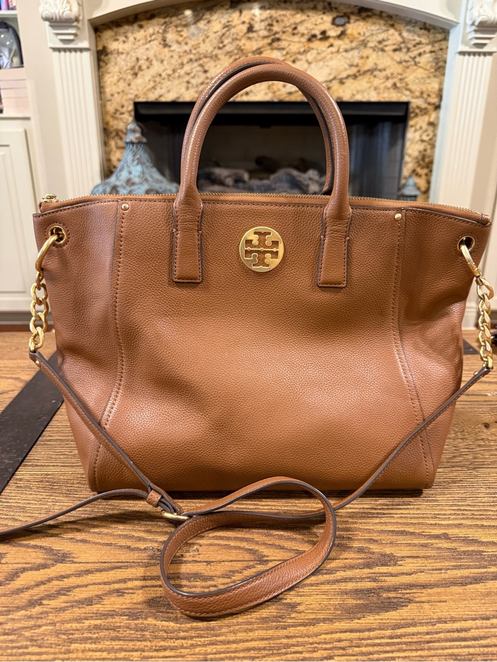A43 - Tory Burch Brown Leather Everly Tote with Gold Logo
